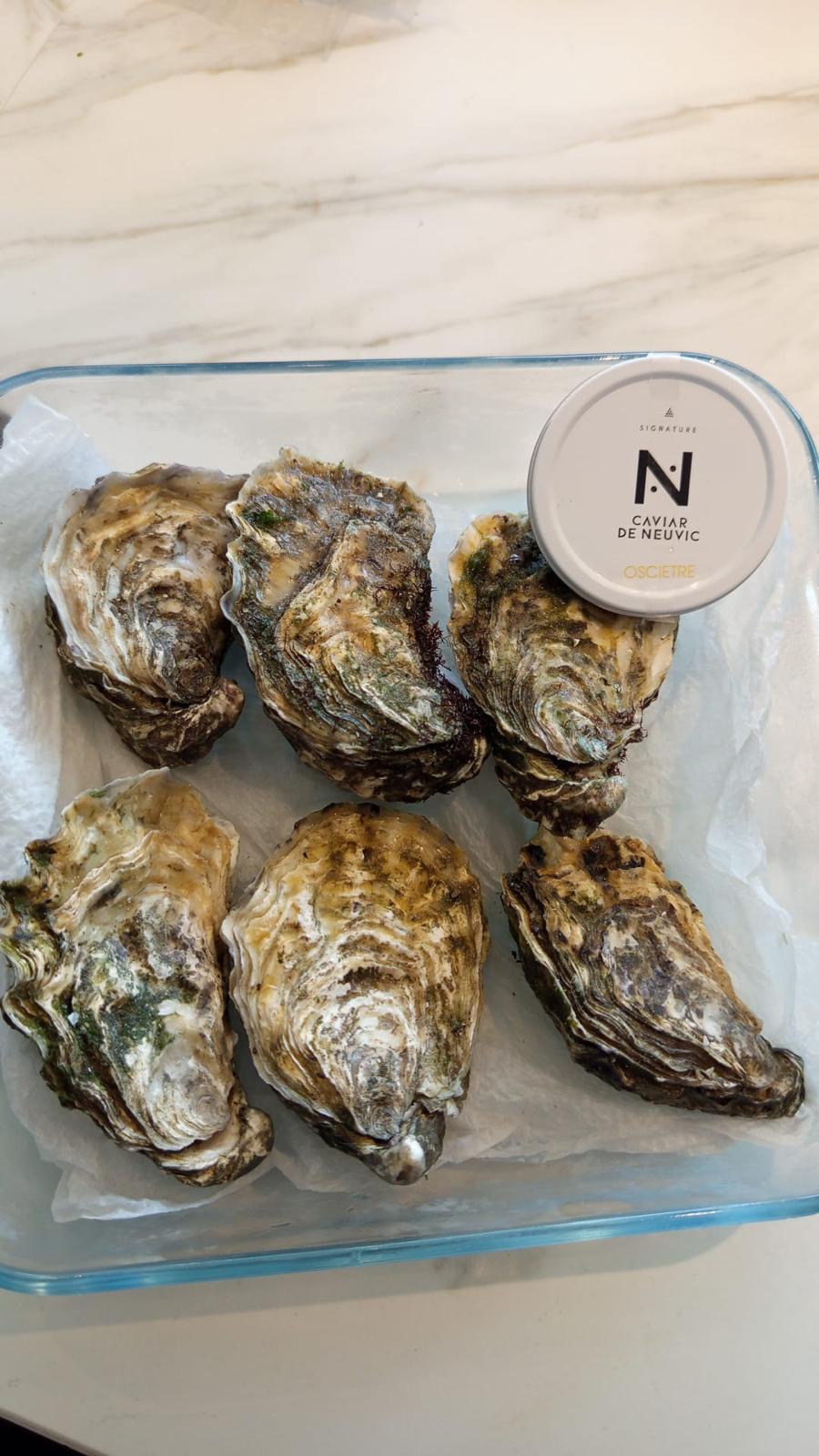 Ostras frescas e uma lata de caviar